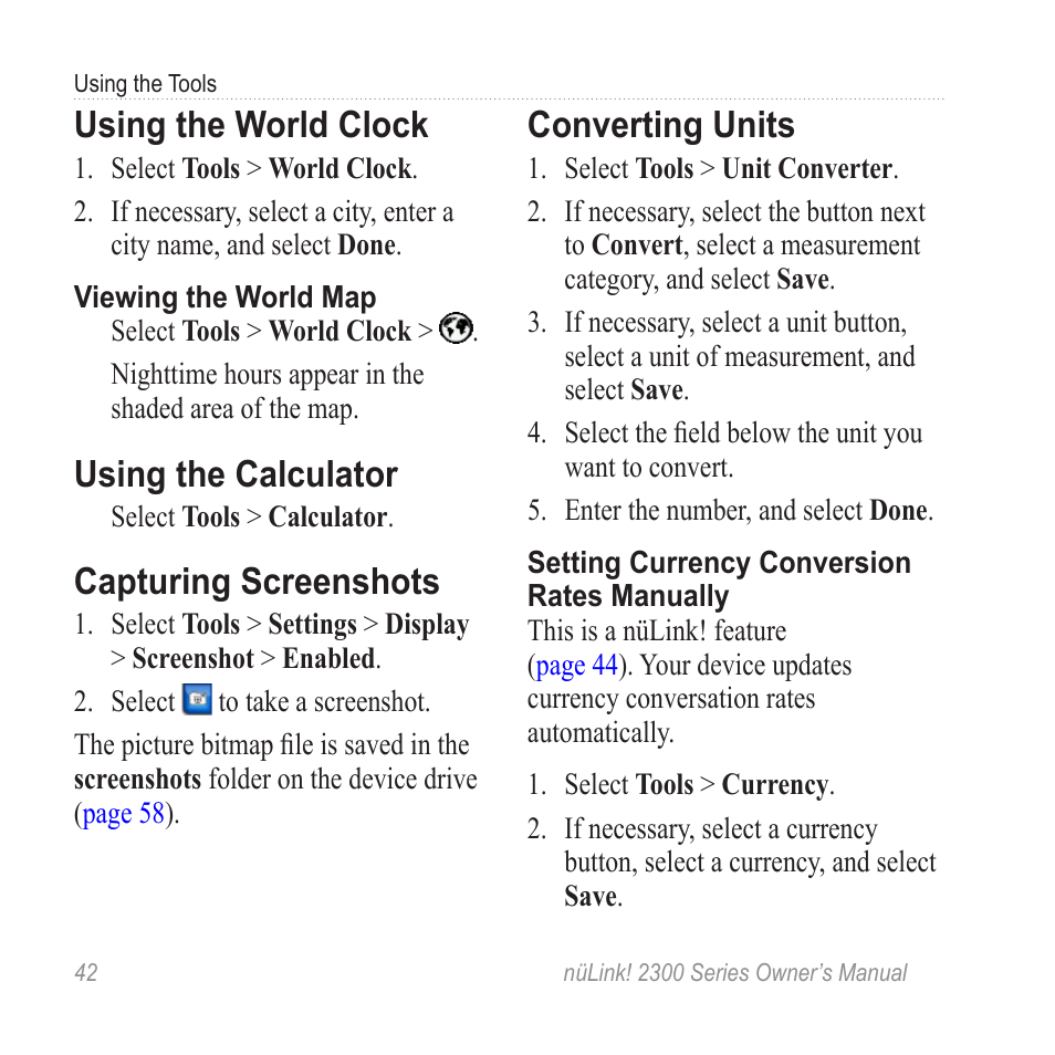 Using the world clock, Using the calculator, Capturing screenshots | Converting units | Garmin nuLink! 2390 User Manual | Page 48 / 86