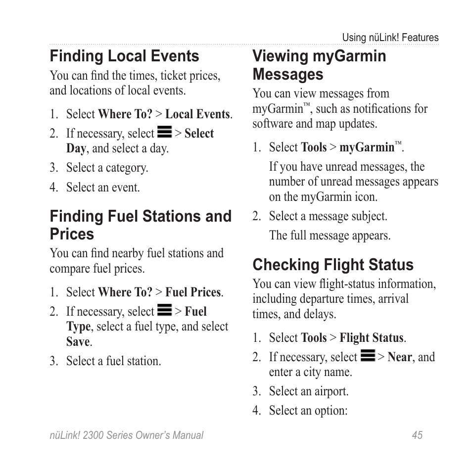 Finding local events, Finding fuel stations and prices, Viewing mygarmin messages | Checking flight status, Finding fuel stations and, Prices, Viewing mygarmin, Messages | Garmin nuLink! 2390 User Manual | Page 51 / 86