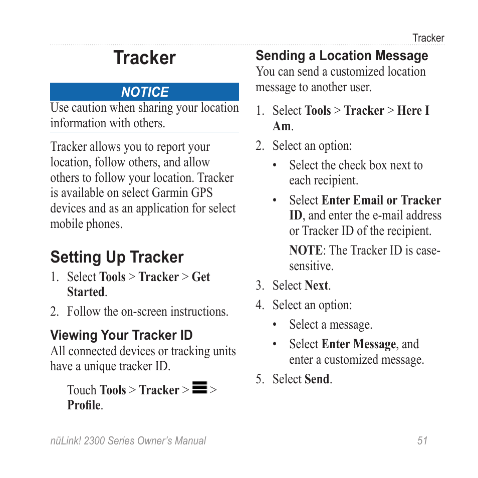 Tracker, Setting up tracker | Garmin nuLink! 2390 User Manual | Page 57 / 86