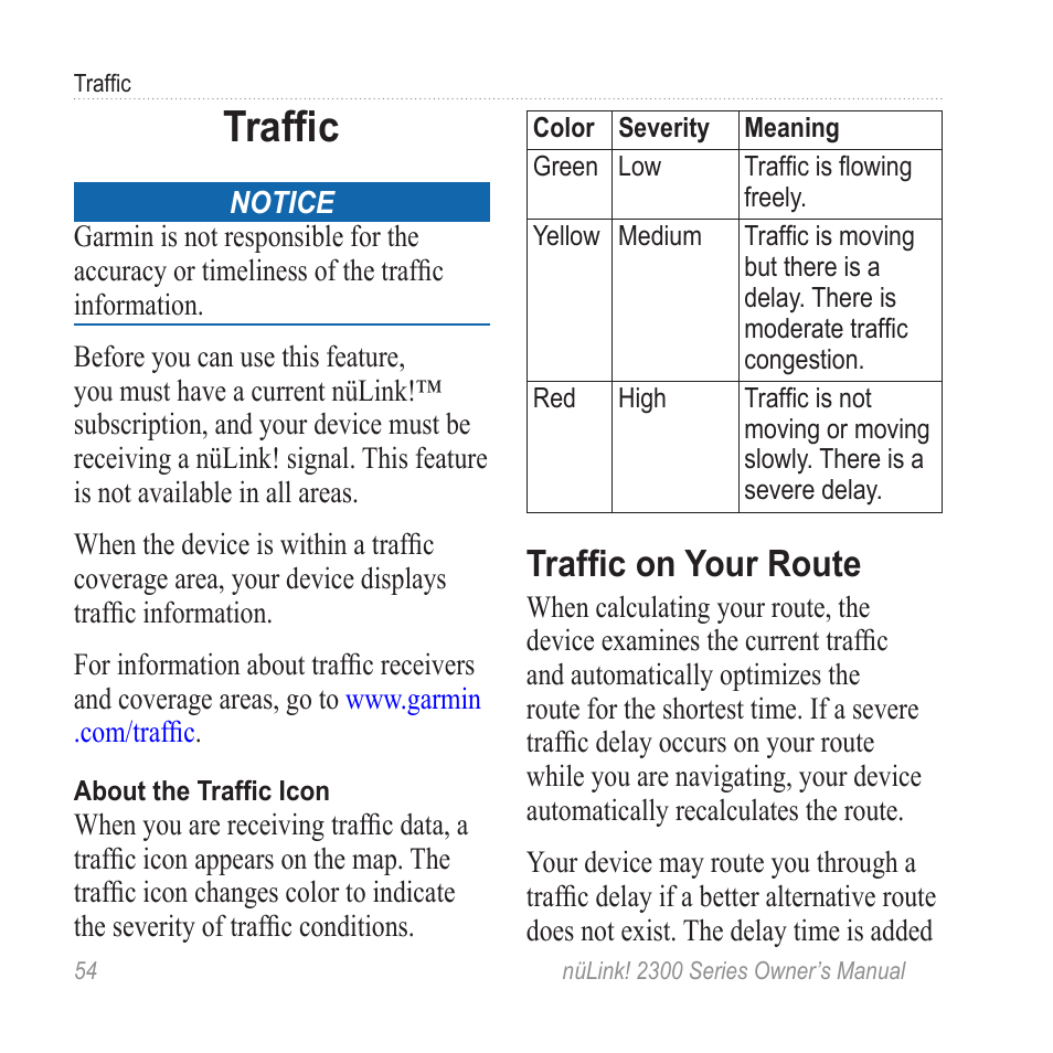 Traffic, Traffic on your route | Garmin nuLink! 2390 User Manual | Page 60 / 86