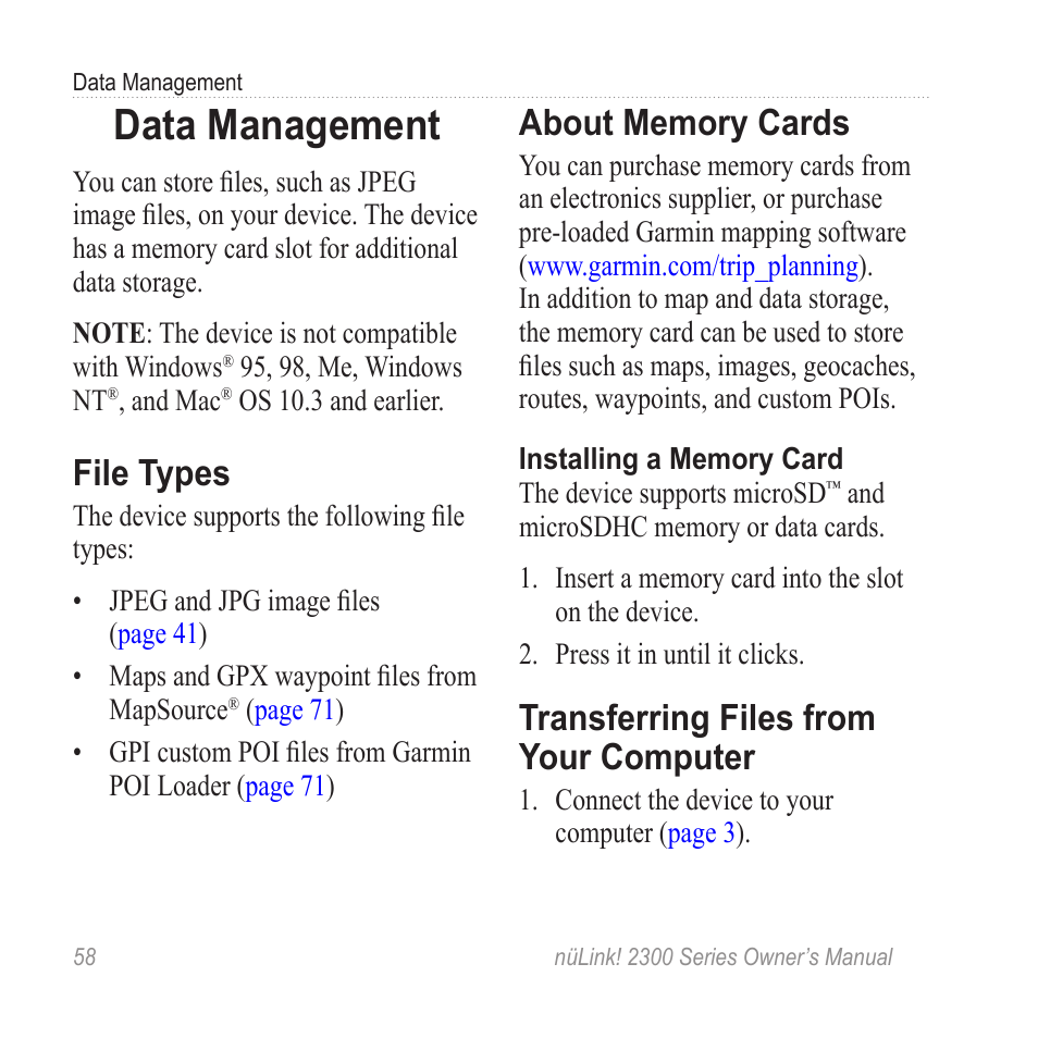 Data management, File types, About memory cards | Transferring files from your computer, Transferring files from your, Computer | Garmin nuLink! 2390 User Manual | Page 64 / 86