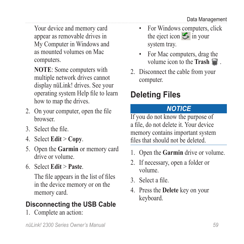 Deleting files | Garmin nuLink! 2390 User Manual | Page 65 / 86