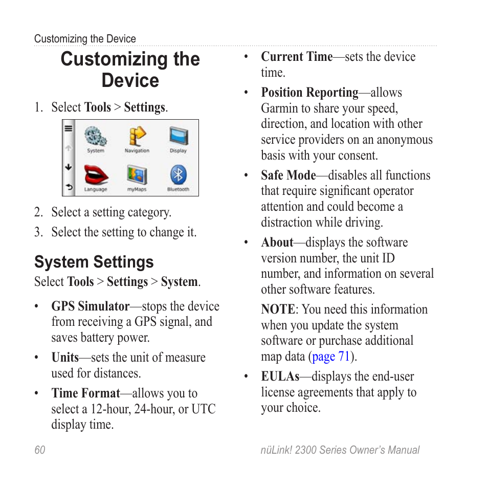 Customizing the device, System settings | Garmin nuLink! 2390 User Manual | Page 66 / 86