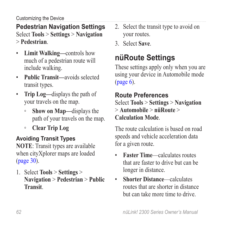 Nüroute settings | Garmin nuLink! 2390 User Manual | Page 68 / 86