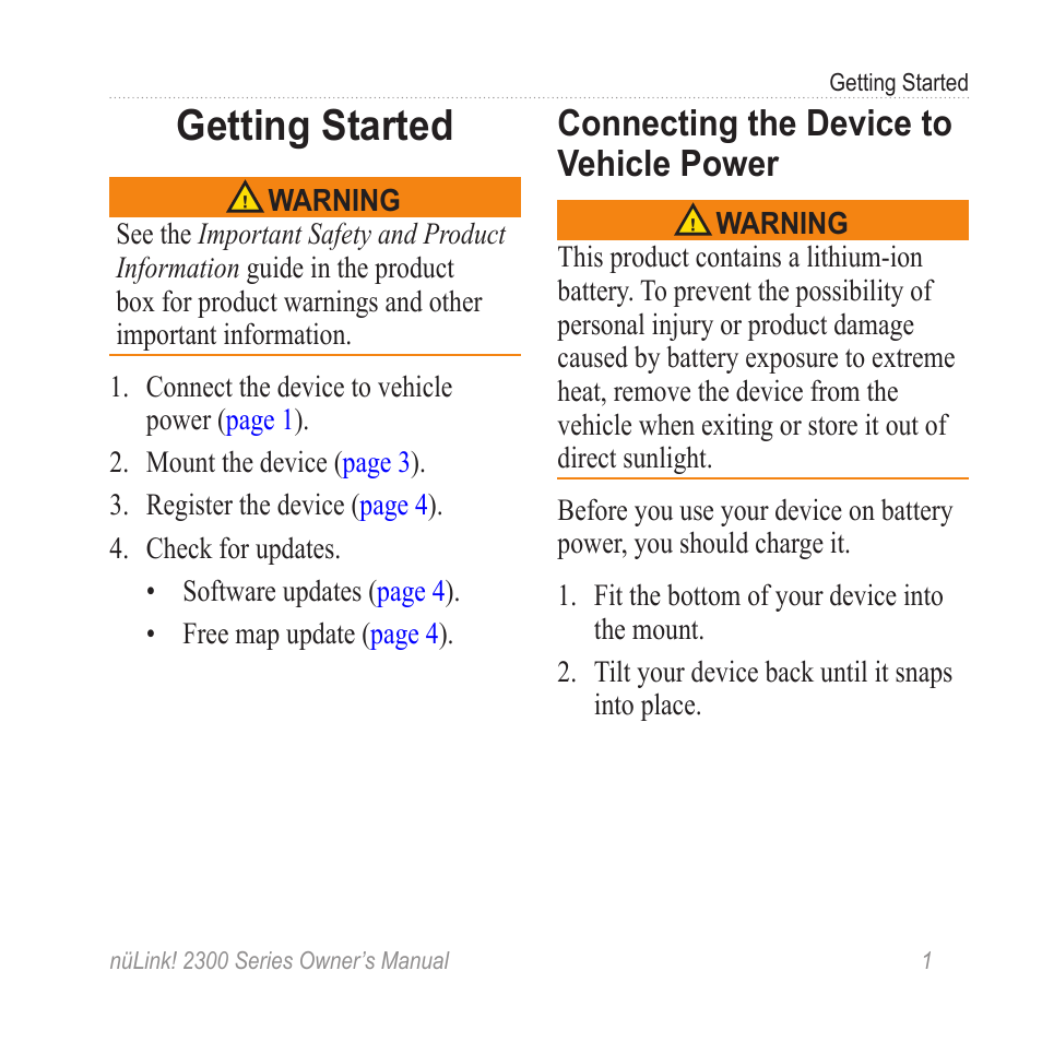 Getting started, Connecting the device to vehicle power, Connecting the device to vehicle | Power | Garmin nuLink! 2390 User Manual | Page 7 / 86