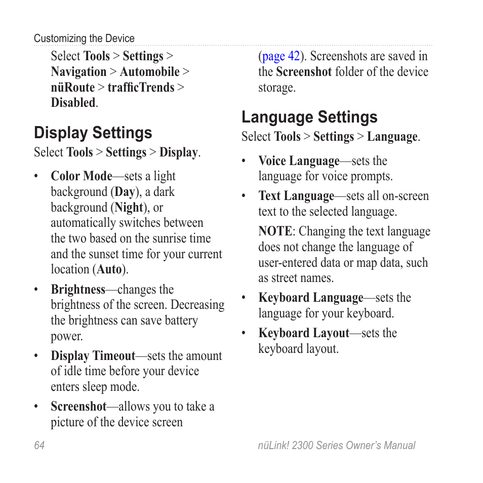 Display settings, Language settings | Garmin nuLink! 2390 User Manual | Page 70 / 86