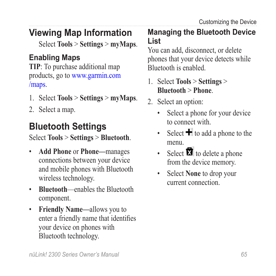 Viewing map information, Bluetooth settings | Garmin nuLink! 2390 User Manual | Page 71 / 86