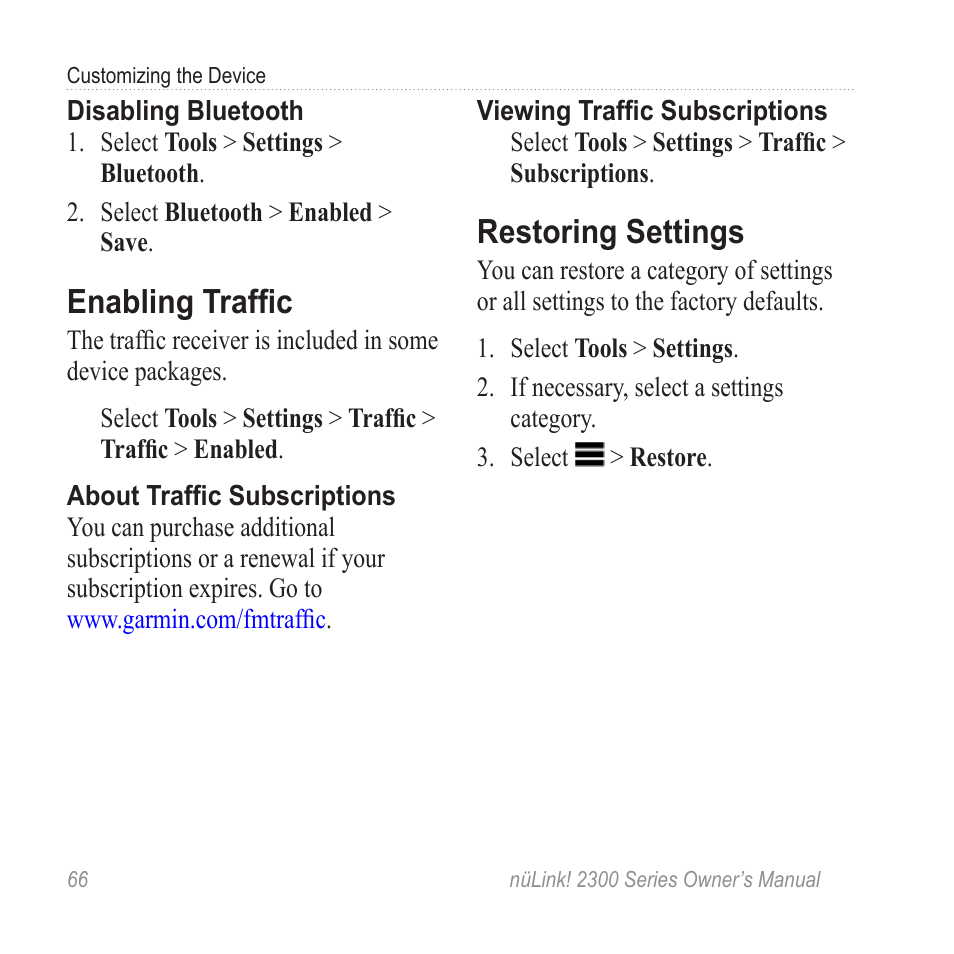 Enabling traffic, Restoring settings | Garmin nuLink! 2390 User Manual | Page 72 / 86