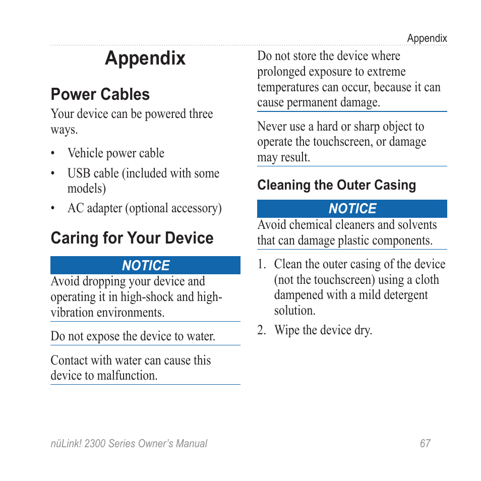 Appendix, Power cables, Caring for your device | Garmin nuLink! 2390 User Manual | Page 73 / 86