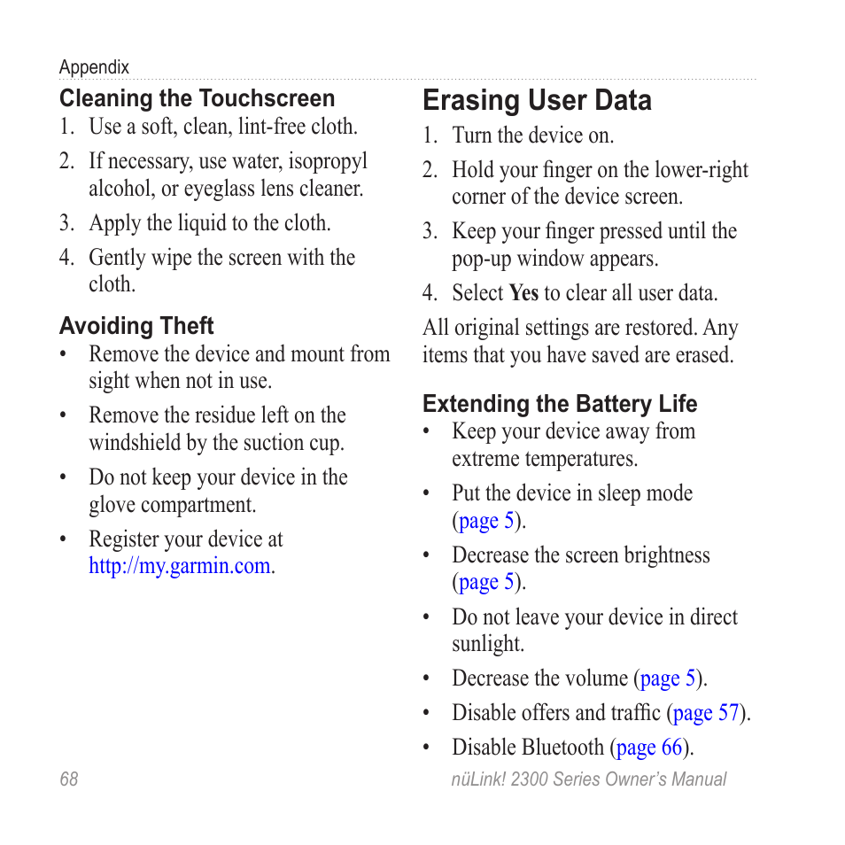 Erasing user data | Garmin nuLink! 2390 User Manual | Page 74 / 86