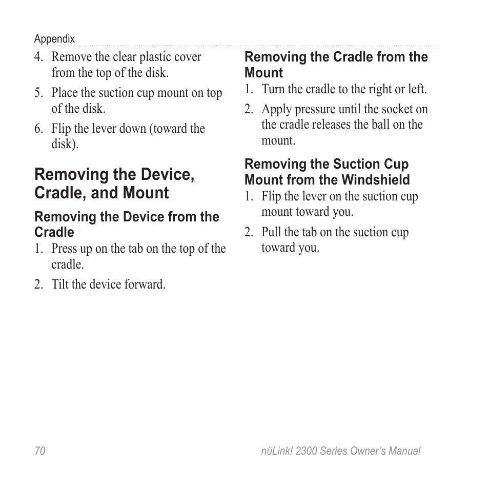 Removing the device, cradle, and mount, Removing the device, cradle, And mount | Garmin nuLink! 2390 User Manual | Page 76 / 86