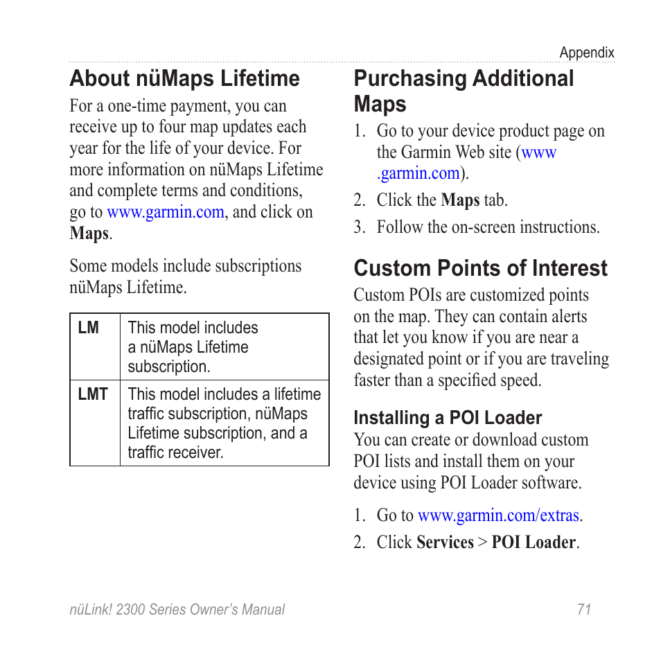 About nümaps lifetime, Purchasing additional maps, Custom points of interest | Garmin nuLink! 2390 User Manual | Page 77 / 86