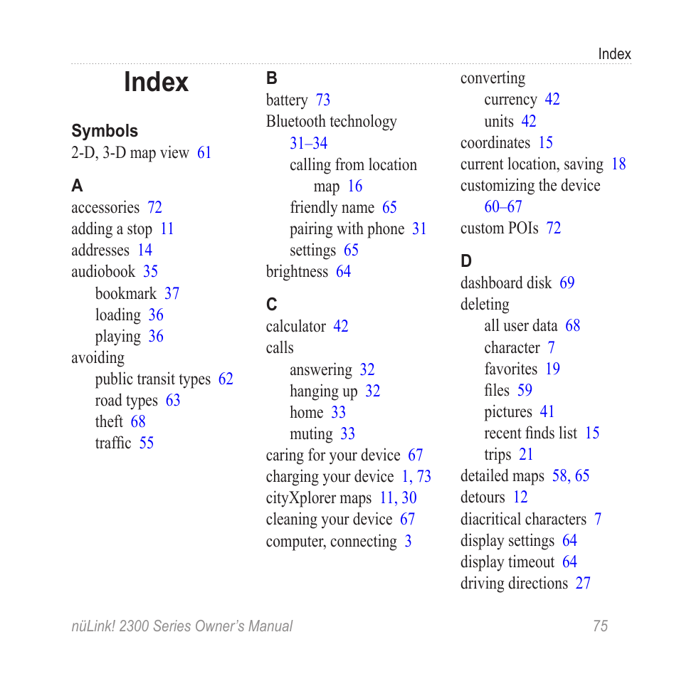 Index | Garmin nuLink! 2390 User Manual | Page 81 / 86