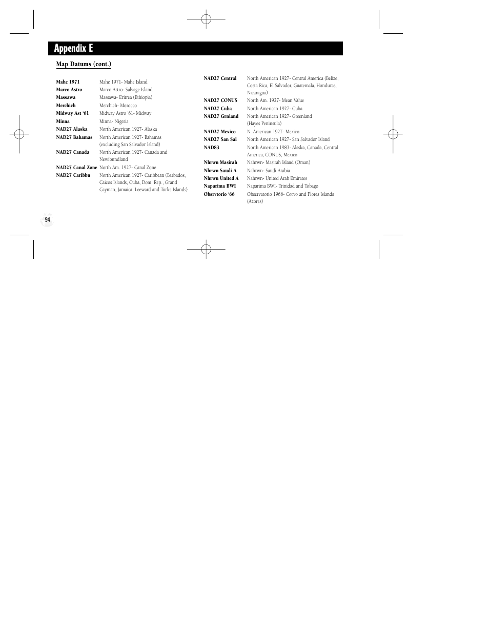 Appendix e, Map datums (cont.) | Garmin GPS II Plus User Manual | Page 100 / 108