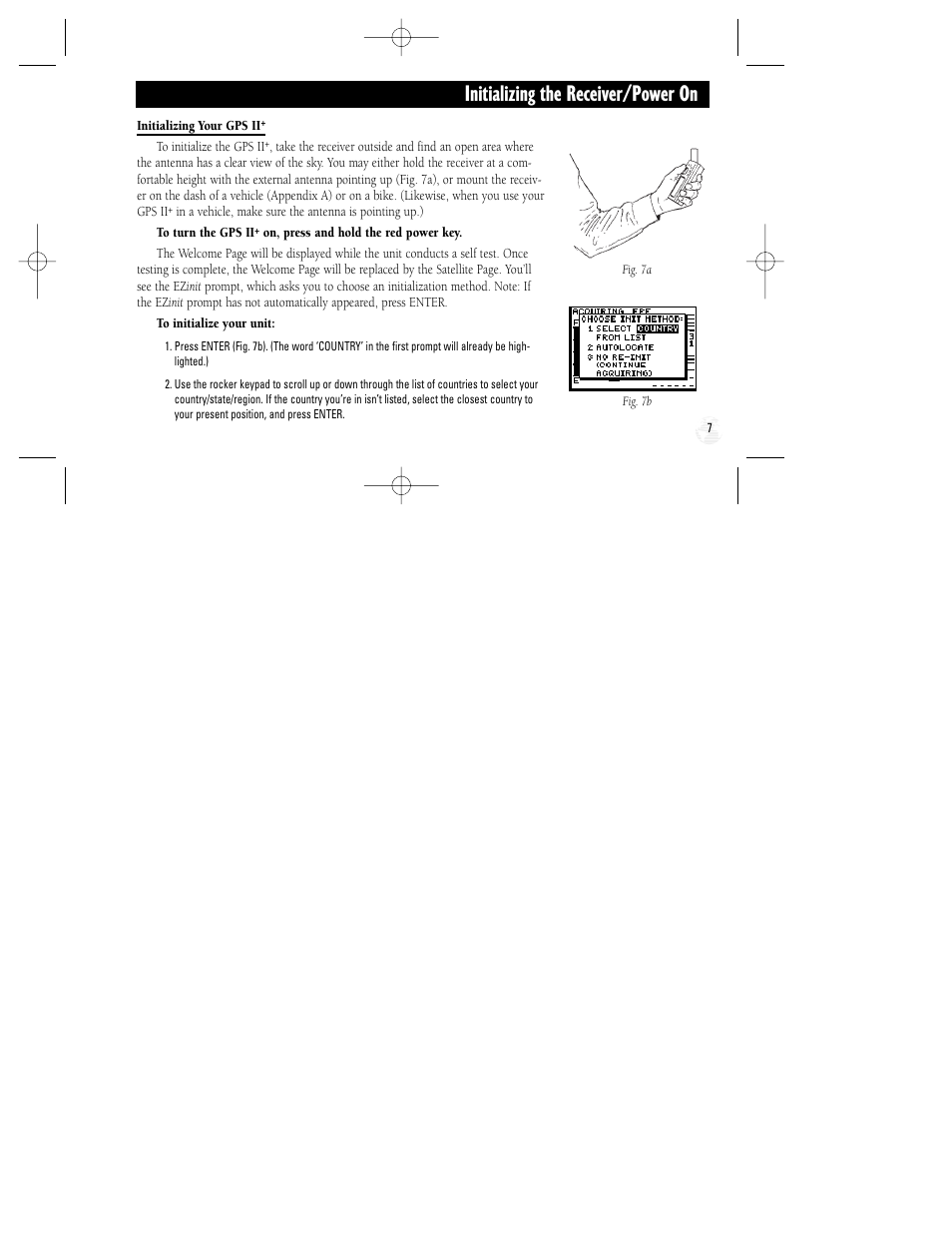 Initializing the receiver/power on | Garmin GPS II Plus User Manual | Page 13 / 108