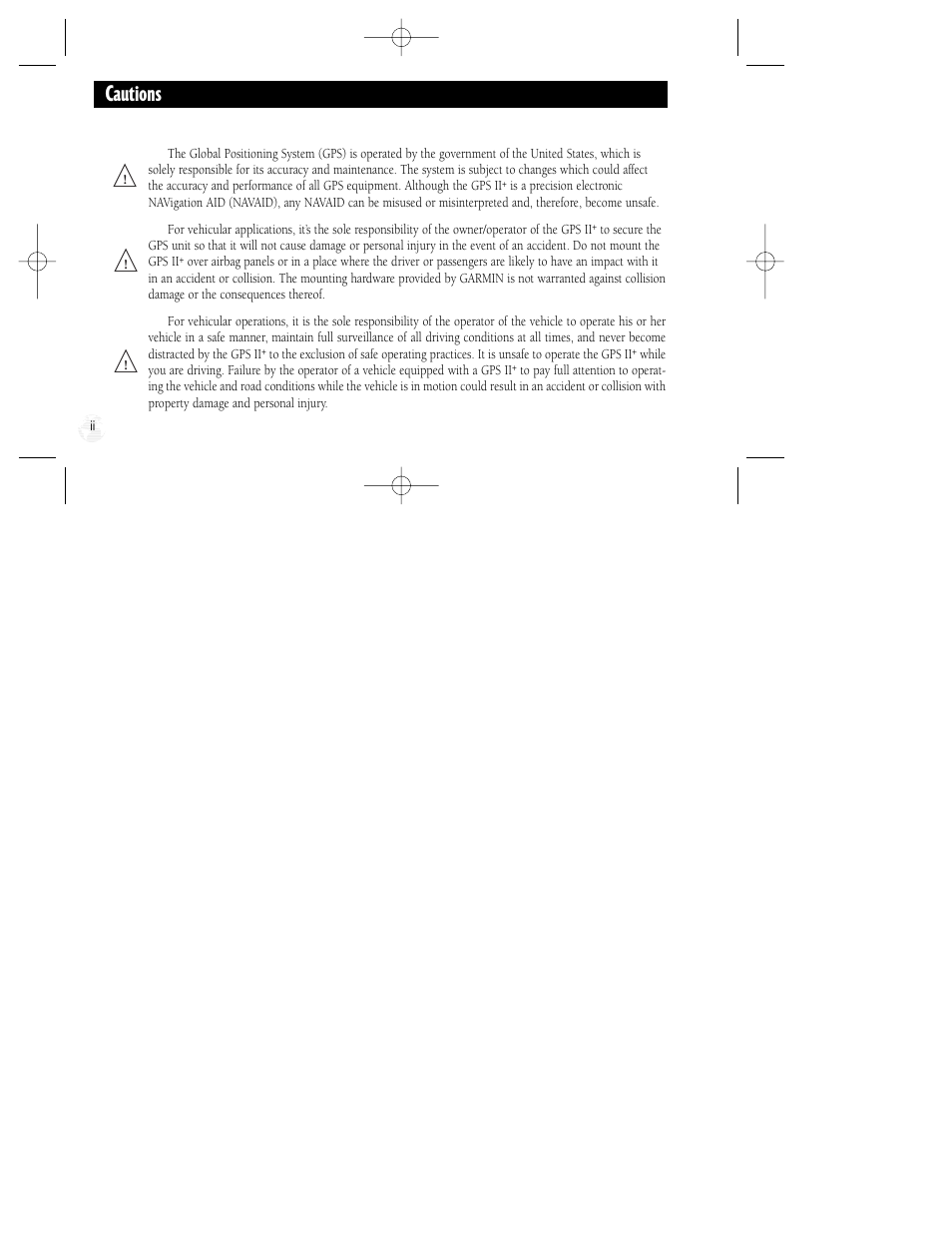 Cautions | Garmin GPS II Plus User Manual | Page 4 / 108