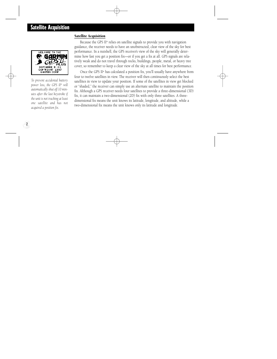 Satellite acquisition | Garmin GPS II Plus User Manual | Page 8 / 108