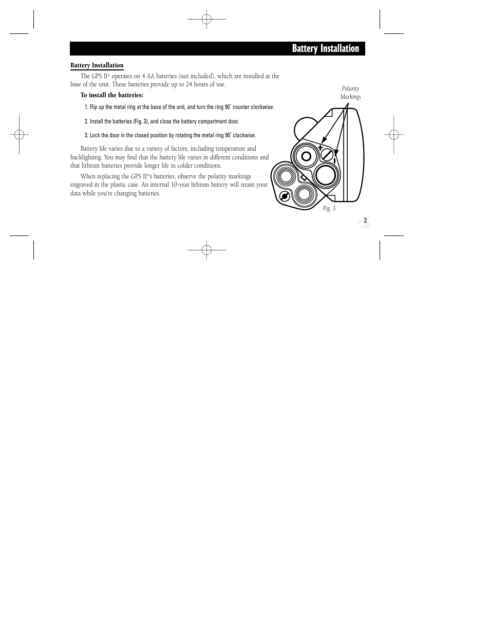 Battery installation | Garmin GPS II Plus User Manual | Page 9 / 108