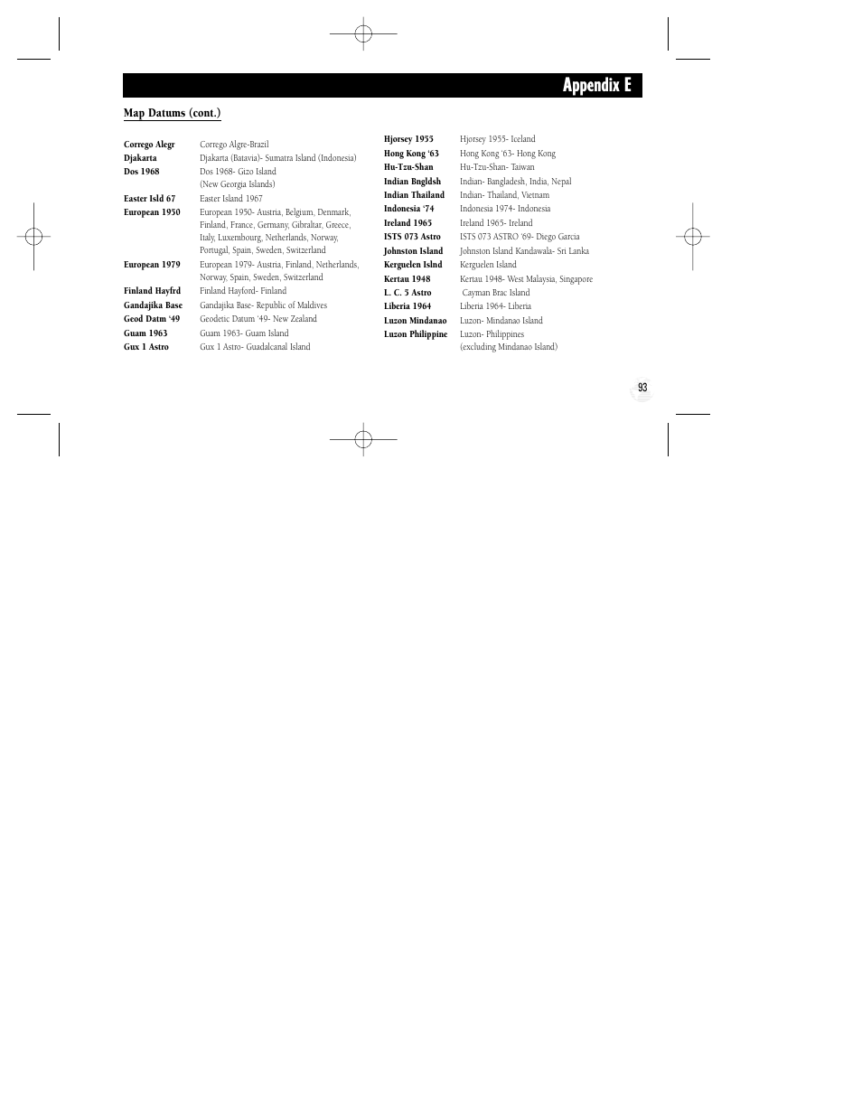 Appendix e, Map datums (cont.) | Garmin GPS II Plus User Manual | Page 99 / 108