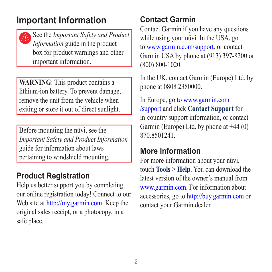 Important information | Garmin nuvi 510 User Manual | Page 2 / 8