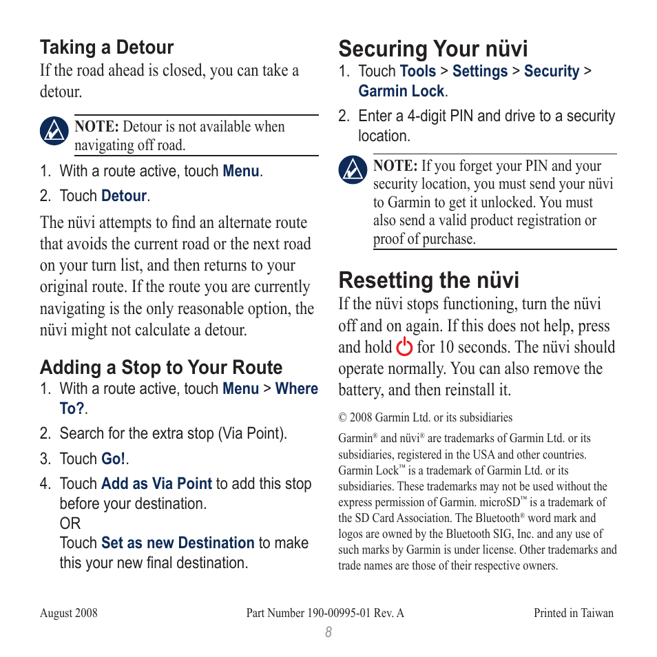 Securing your nüvi, Resetting the nüvi, Taking a detour | Adding a stop to your route | Garmin nuvi 510 User Manual | Page 8 / 8