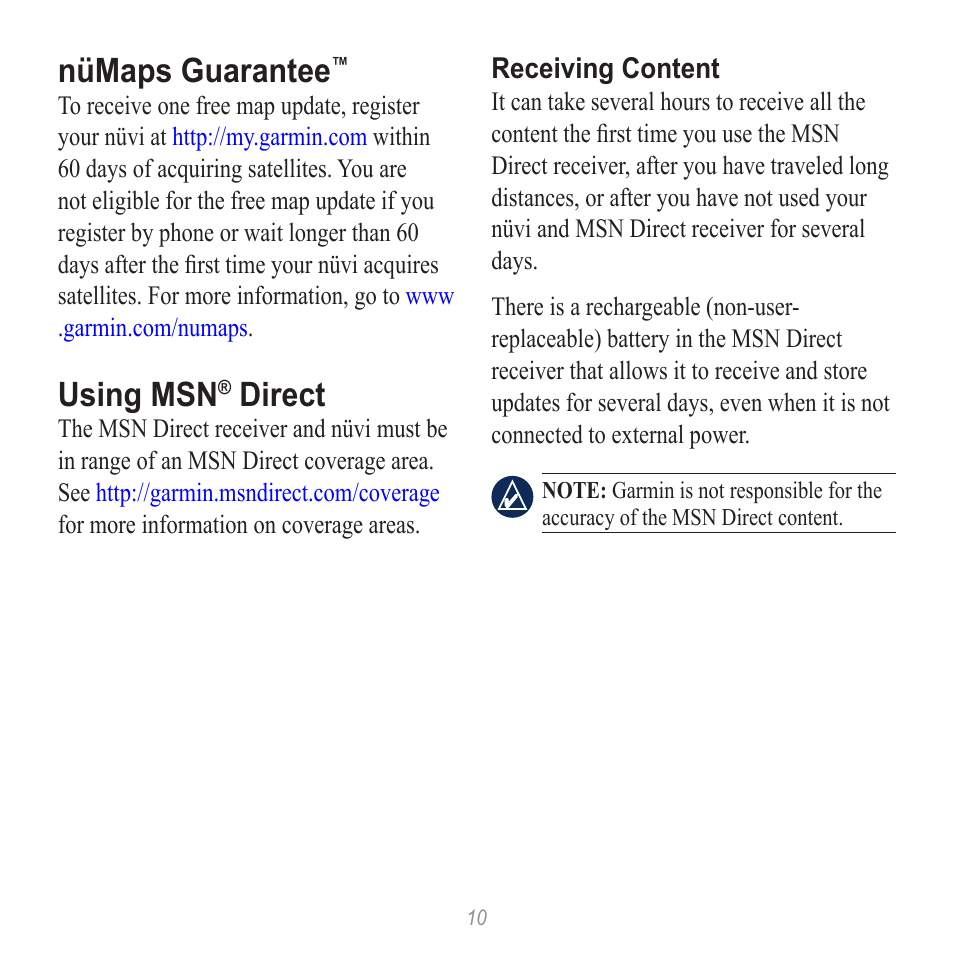 Nümaps guarantee, Using msn, Direct | Garmin nuvi 885T User Manual | Page 10 / 16