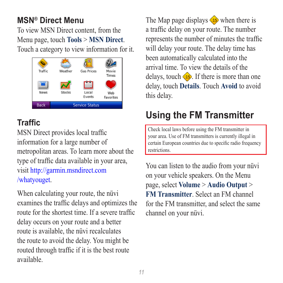 Using the fm transmitter | Garmin nuvi 885T User Manual | Page 11 / 16