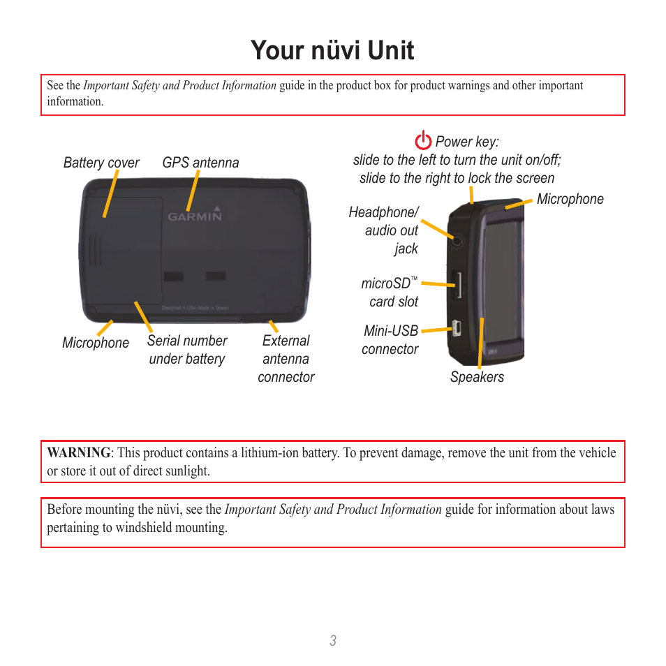 Your nüvi unit | Garmin nuvi 885T User Manual | Page 3 / 16