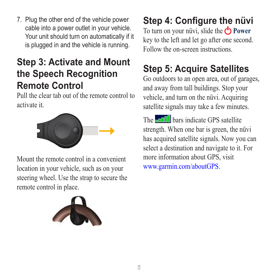 Step 4: configure the nüvi, Step 5: acquire satellites | Garmin nuvi 885T User Manual | Page 5 / 16