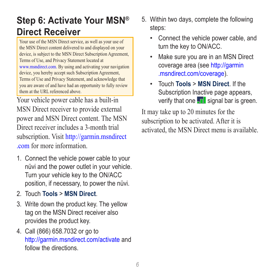 Step 6: activate your msn, Direct receiver | Garmin nuvi 885T User Manual | Page 6 / 16