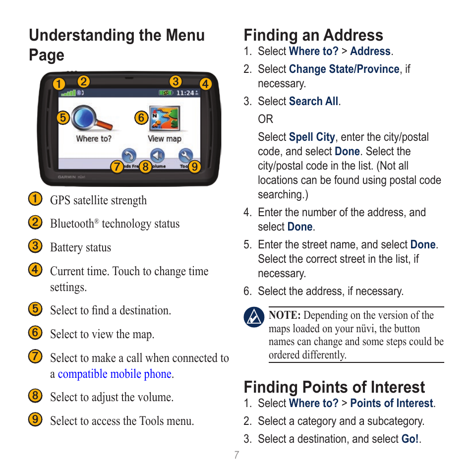 Understanding the menu page, Finding an address, Finding points of interest | Garmin nuvi 885T User Manual | Page 7 / 16