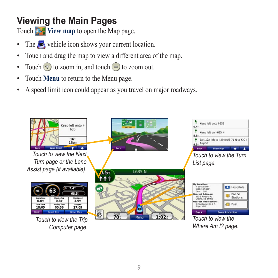 Viewing the main pages | Garmin nuvi 885T User Manual | Page 9 / 16