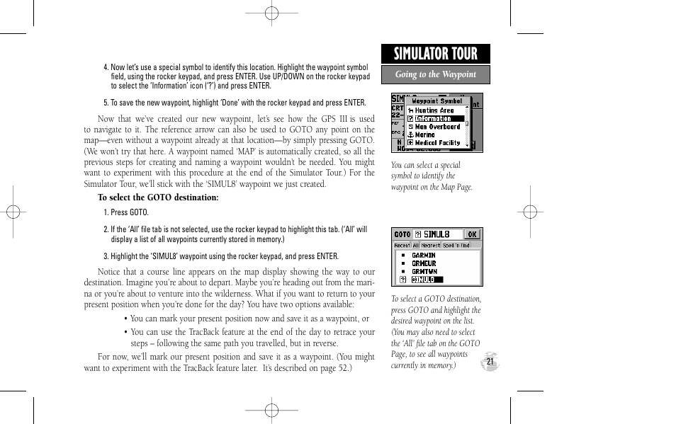 Simulator tour | Garmin GPS III User Manual | Page 29 / 100