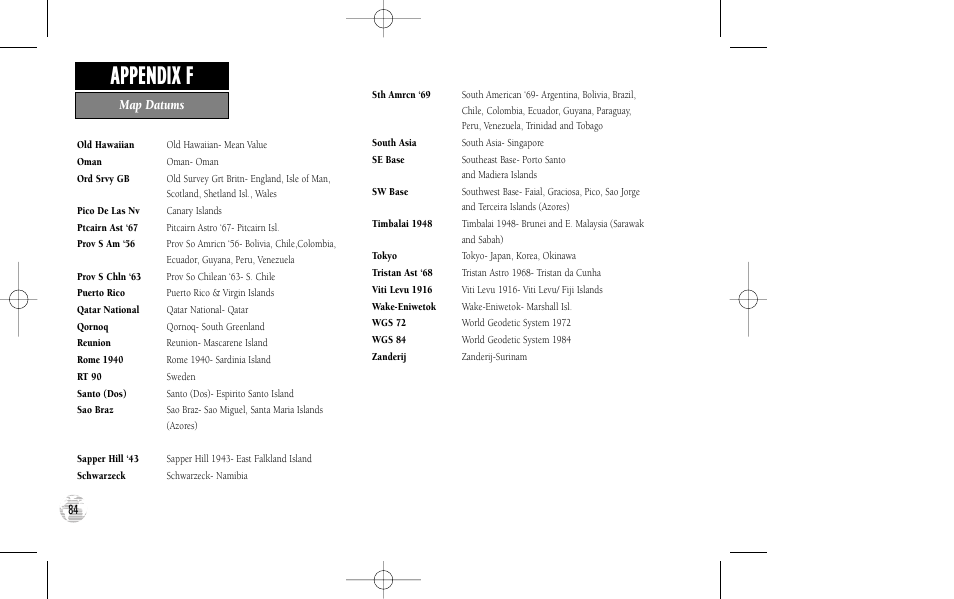 Appendix f, Map datums | Garmin GPS III User Manual | Page 92 / 100