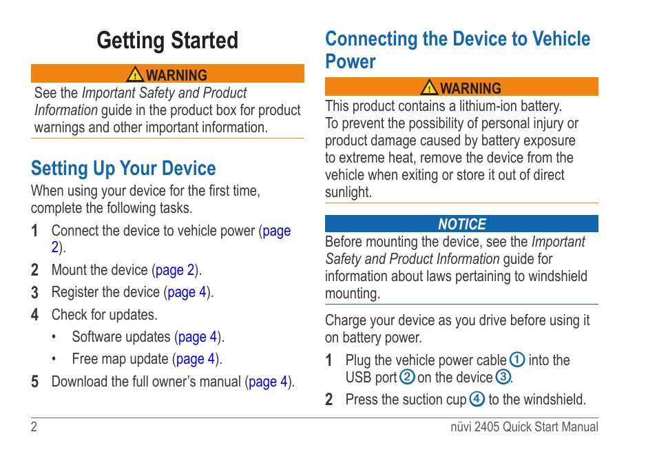 Getting started, Setting up your device, Connecting the device to vehicle power | Garmin nuvi 2595LT User Manual | Page 2 / 8