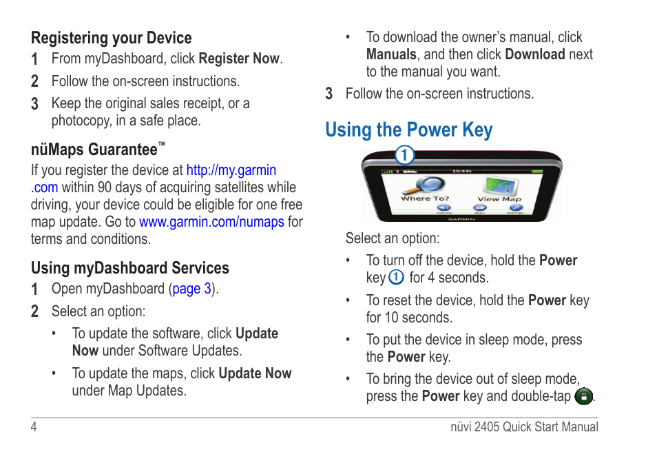 Register the device, Using the power key | Garmin nuvi 2595LT User Manual | Page 4 / 8