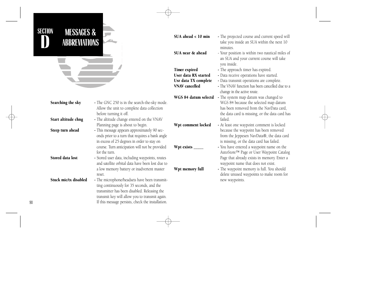 Appendix d, Messages & abbreviations | Garmin GNC 250 User Manual | Page 100 / 112