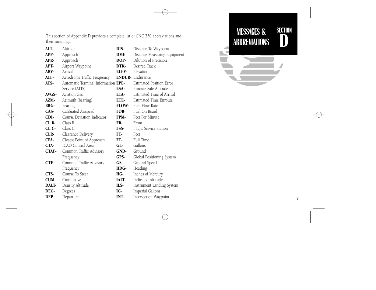 Appendix d, Messages & abbreviations | Garmin GNC 250 User Manual | Page 101 / 112