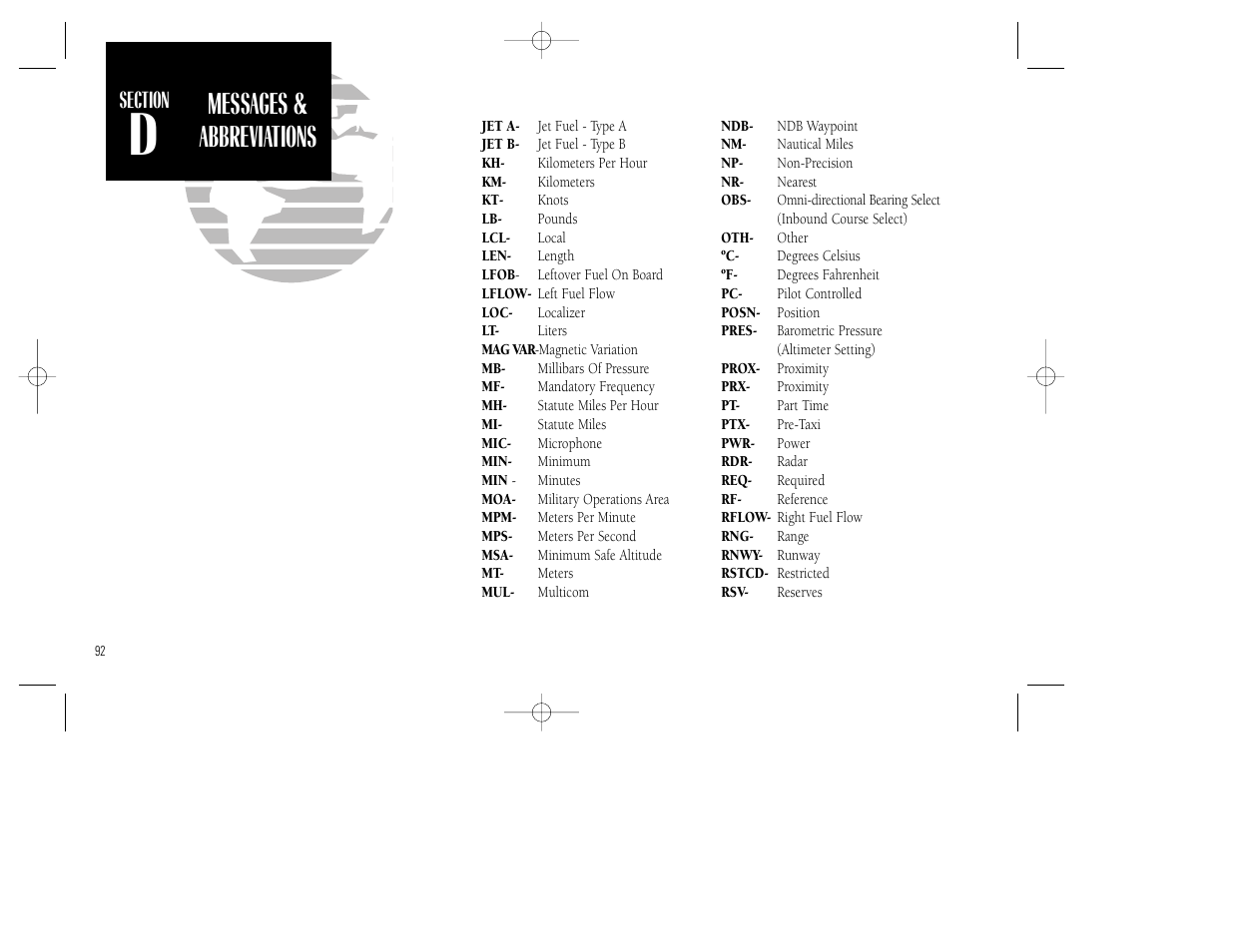 Appendix d, Messages & abbreviations | Garmin GNC 250 User Manual | Page 102 / 112