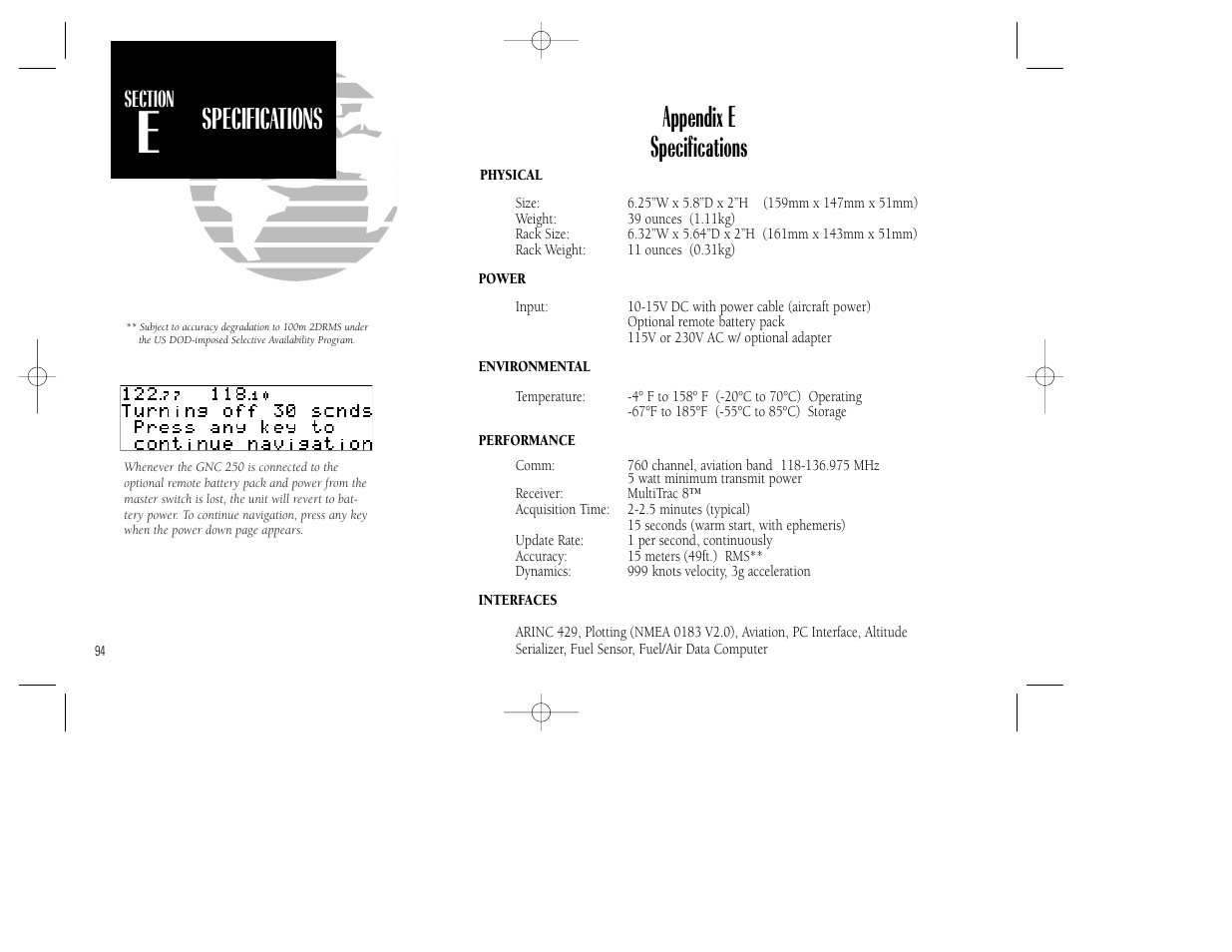 Appendix f, Specifications appendix e specifications | Garmin GNC 250 User Manual | Page 104 / 112