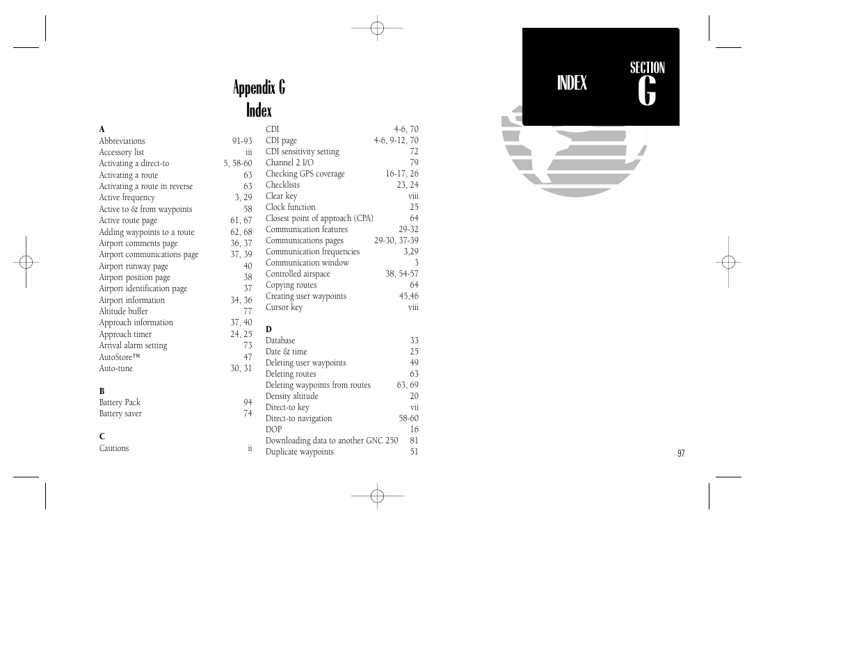 Appendix g, Appendix g index, Navigation page | Index | Garmin GNC 250 User Manual | Page 107 / 112