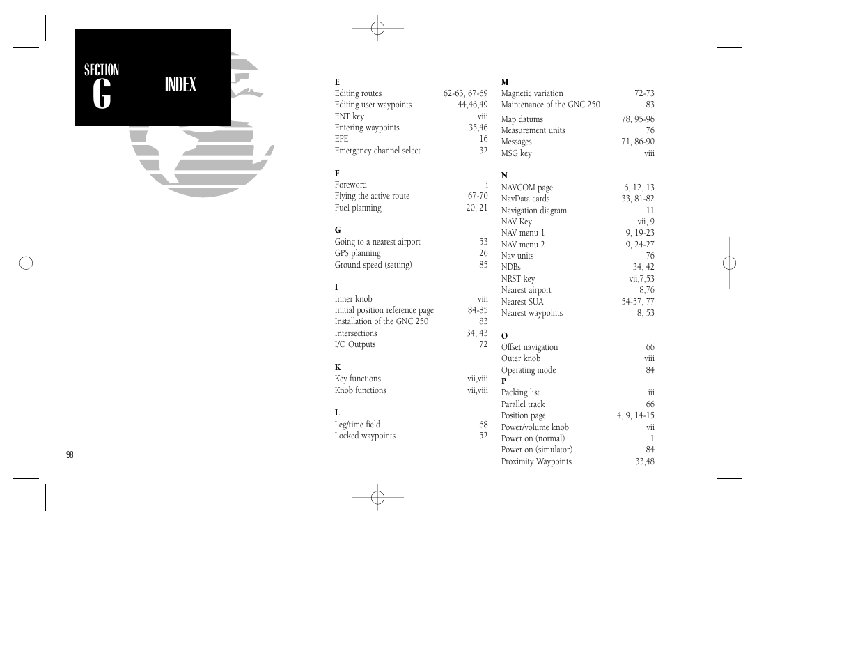 Appendix g, Index | Garmin GNC 250 User Manual | Page 108 / 112