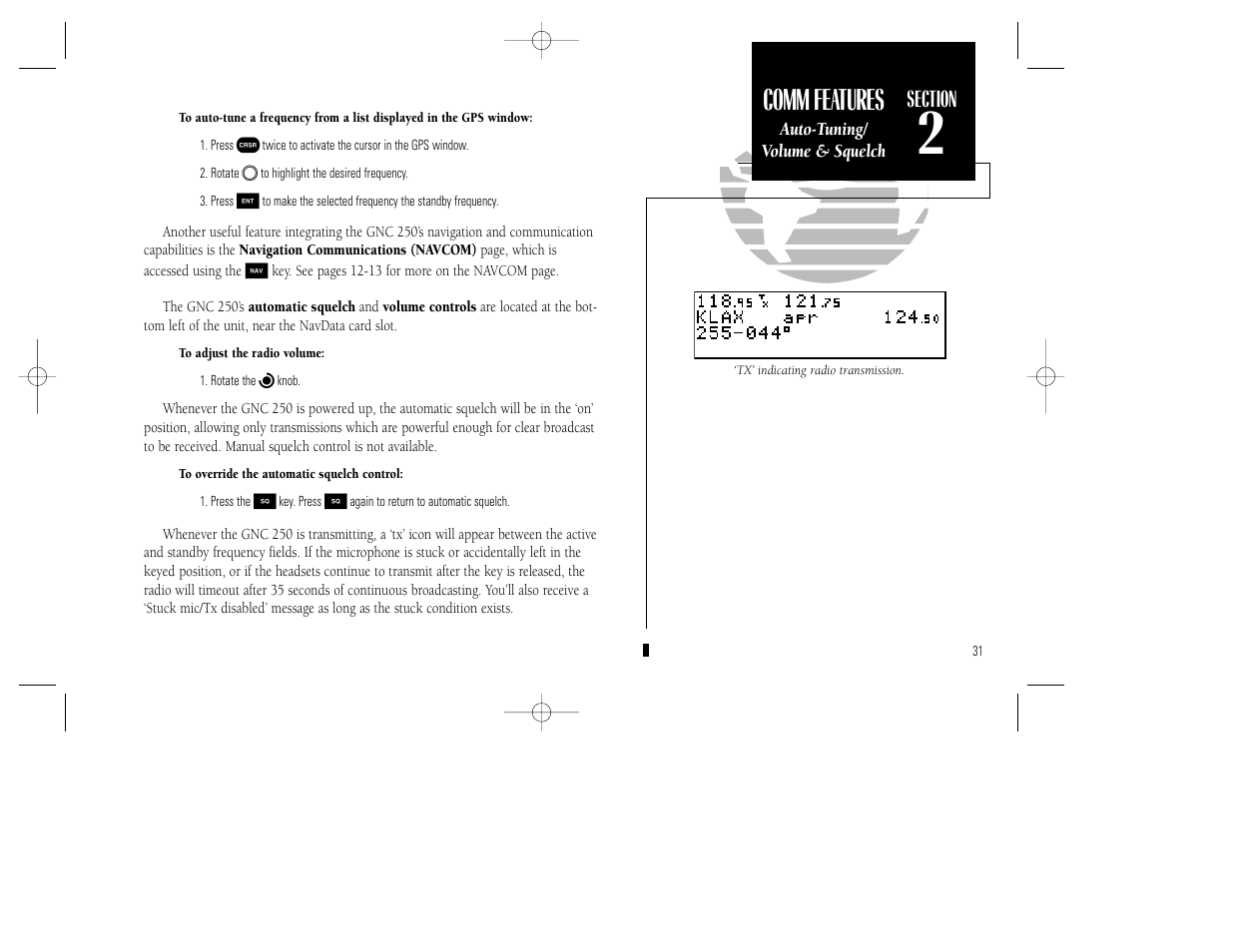 Reference, Comm features | Garmin GNC 250 User Manual | Page 41 / 112