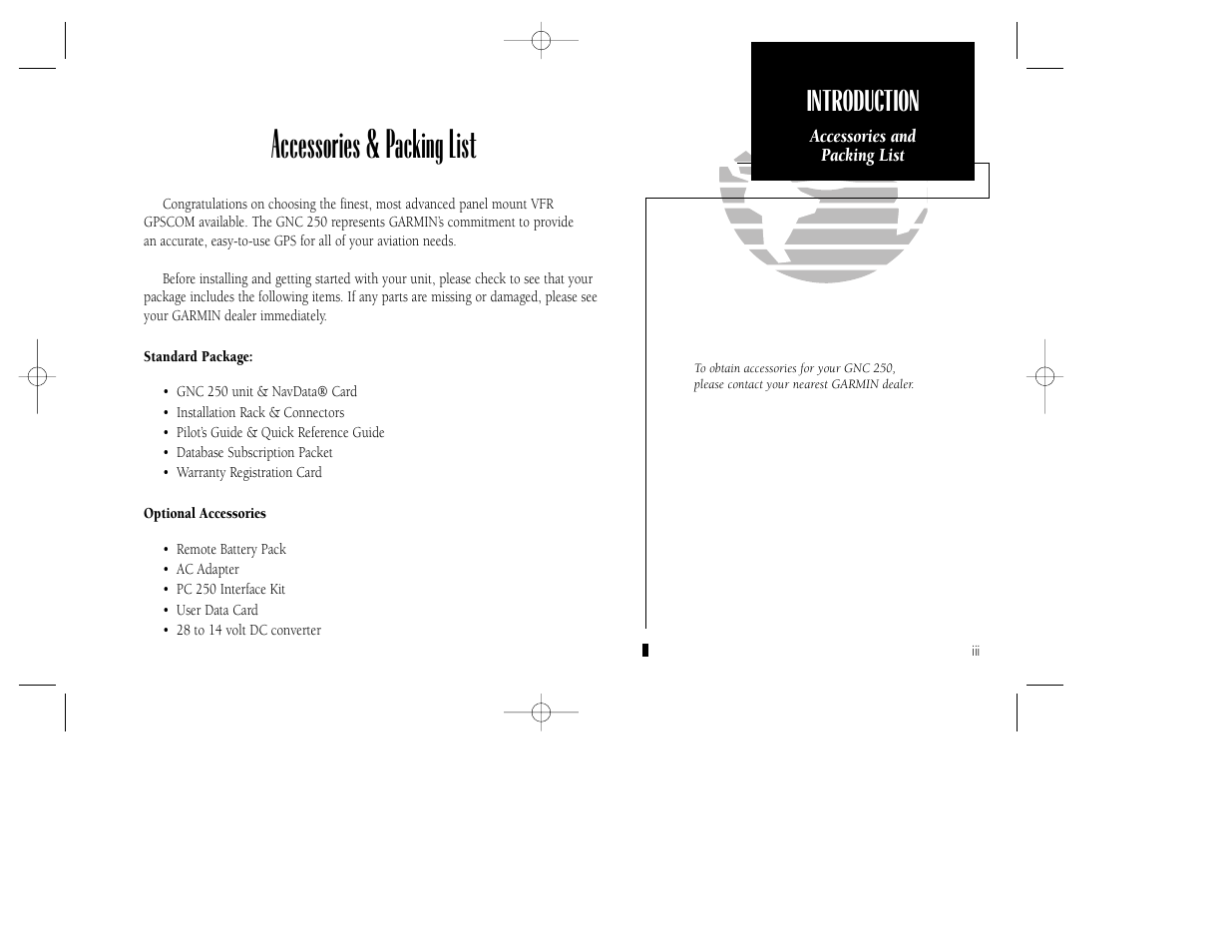 Accessories & packing list, Introduction | Garmin GNC 250 User Manual | Page 5 / 112