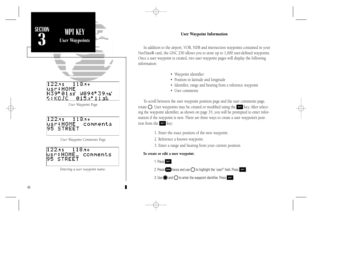 Reference, Wpt key | Garmin GNC 250 User Manual | Page 54 / 112
