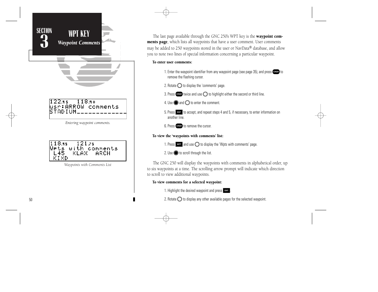 Reference, Wpt key | Garmin GNC 250 User Manual | Page 60 / 112