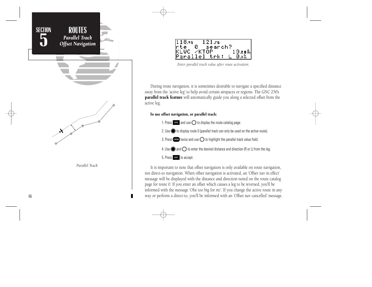 Appendix a, Routes, Sua settings | Parallel track offset navigation | Garmin GNC 250 User Manual | Page 76 / 112