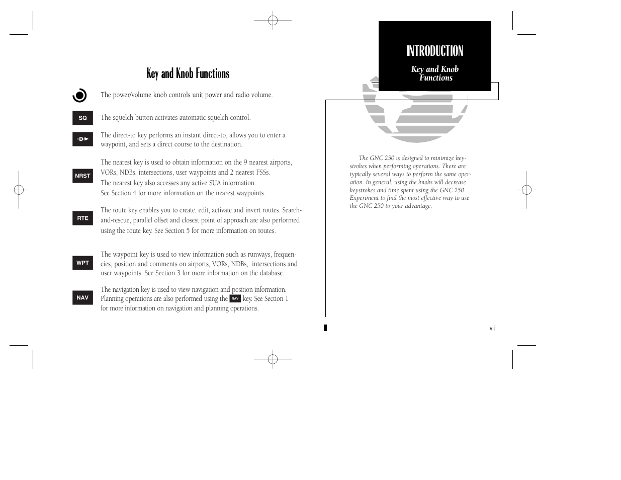 Introduction, Key and knob functions b | Garmin GNC 250 User Manual | Page 9 / 112