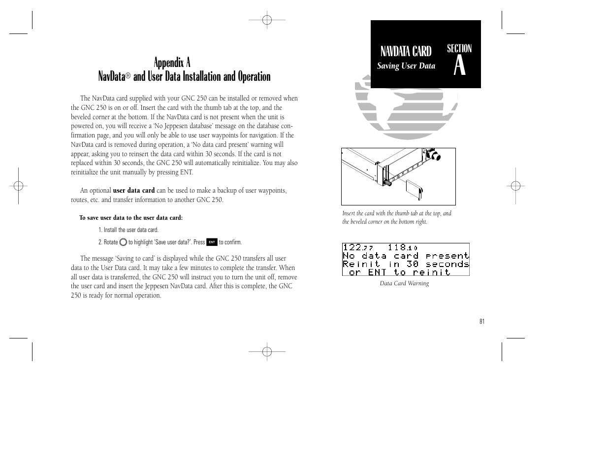 Appendix a navdata, And user data installation and operation, Navdata card | Garmin GNC 250 User Manual | Page 91 / 112