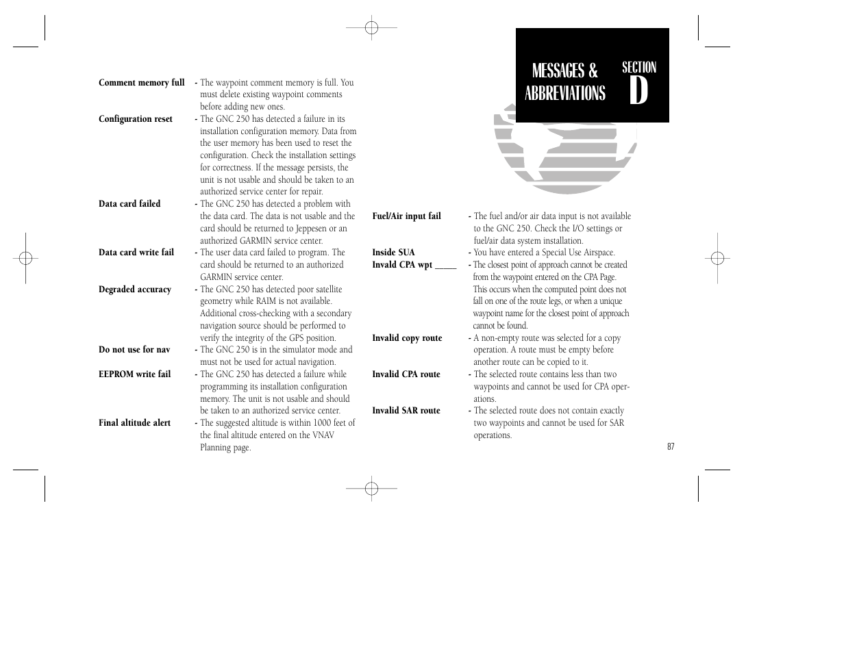 Messages & abbreviations | Garmin GNC 250 User Manual | Page 97 / 112